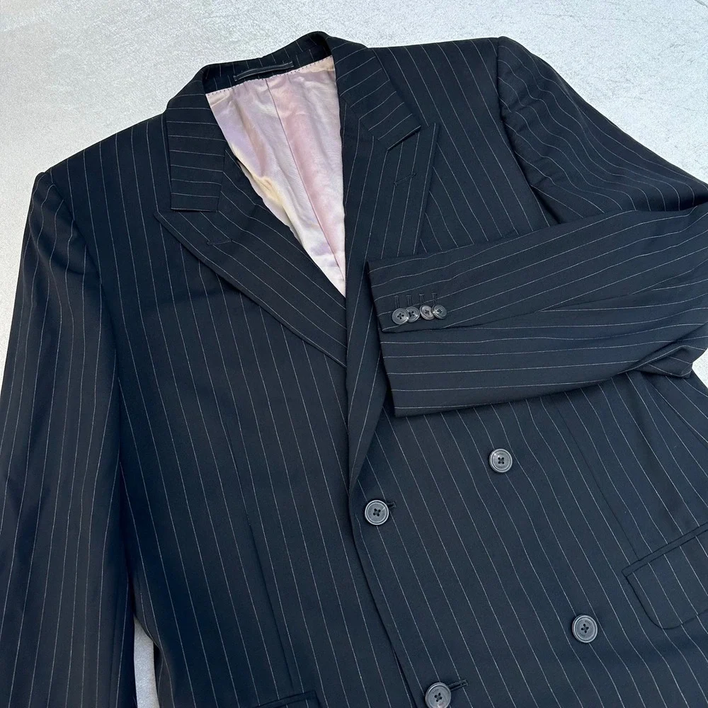 Gucci Men's Pinstripe Double Breasted Suit Black Wool Blend Jacket Pants 52R